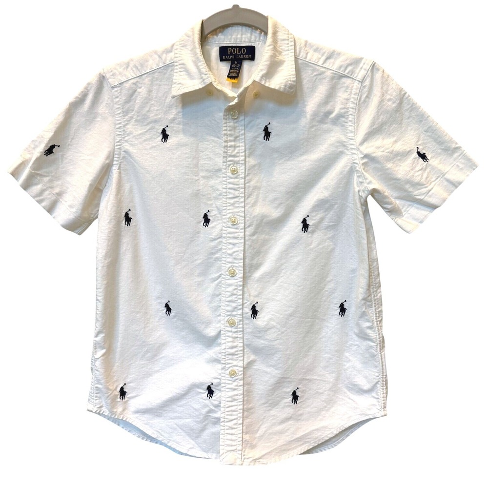 Polo Ralph Lauren Boys White Oxford Shirt Navy Pony Logo Short Sleeve M 10-12